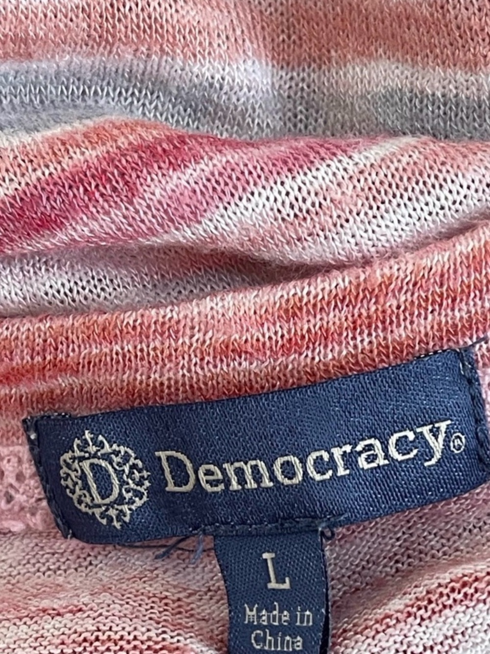 Democracy Pink Blue White Stripes Knit Top Short Sleeves Drawstring Sides, L - Picture 10 of 12